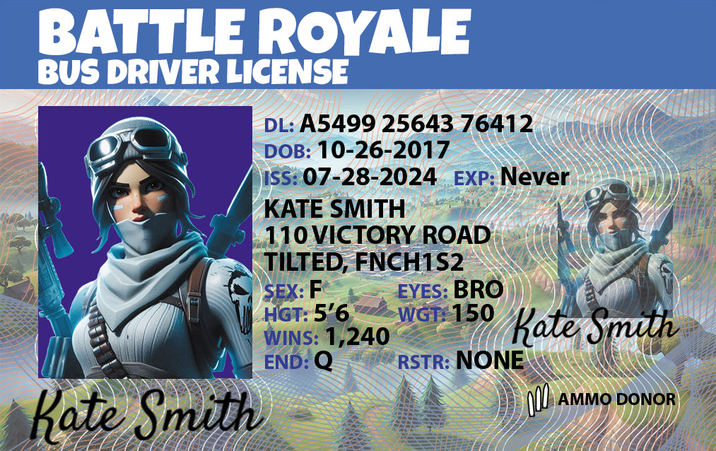 Personalized Fortnite ID card styled as bus driver license. Cheap customized fortnite gift 2025
