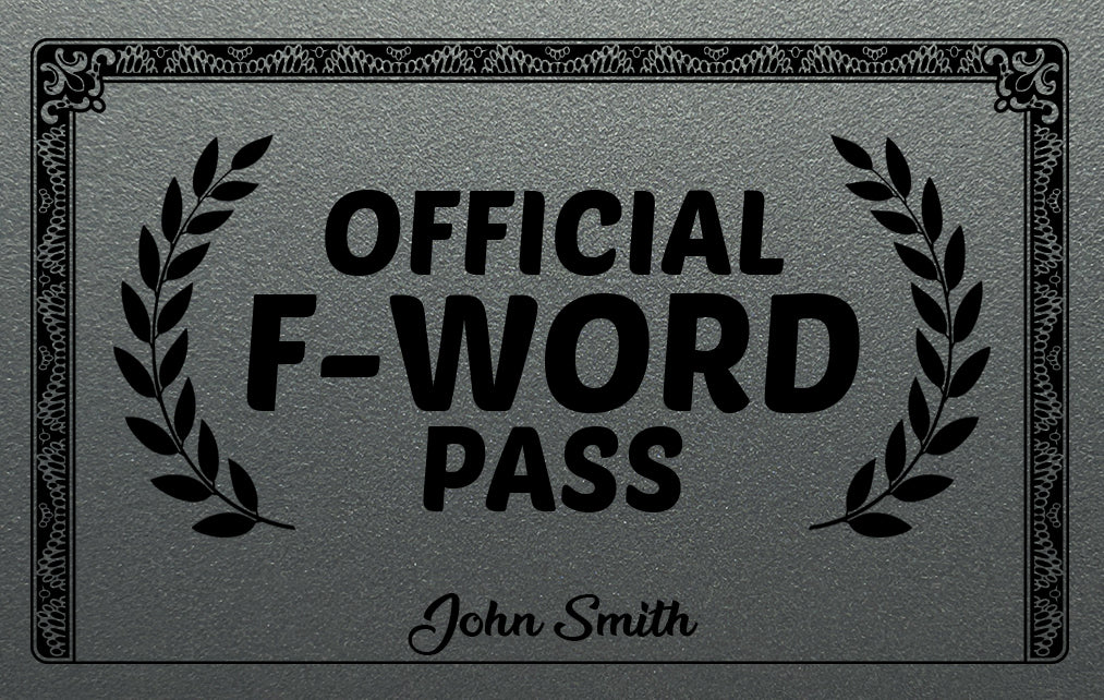 Front of Official N Word Pass printed on silver plastic card