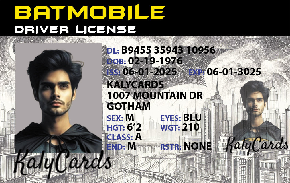 Front of custom Batmobile Driver License with Batman theme