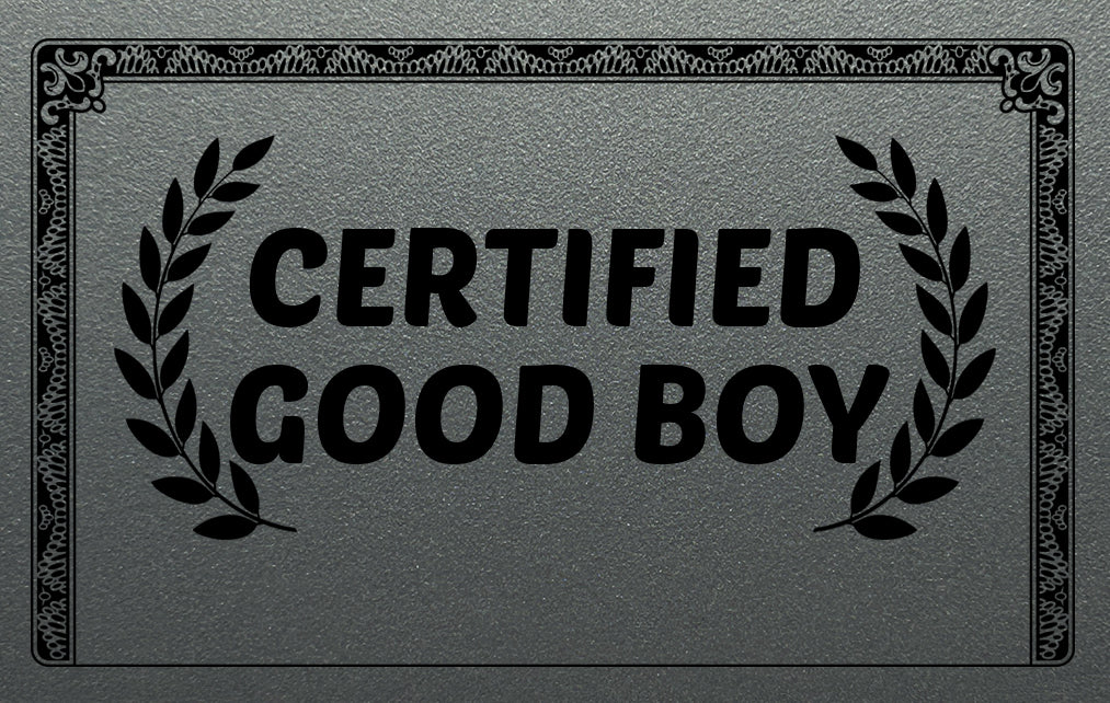 Silver plastic card with "Certified Good Boy" on it