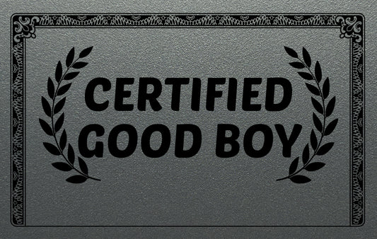 Silver plastic card with "Certified Good Boy" on it