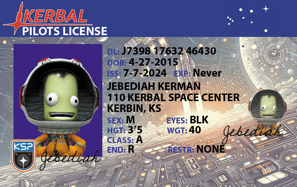 Front of Jebediah Kerman Pilot License from Kerbal Space Program