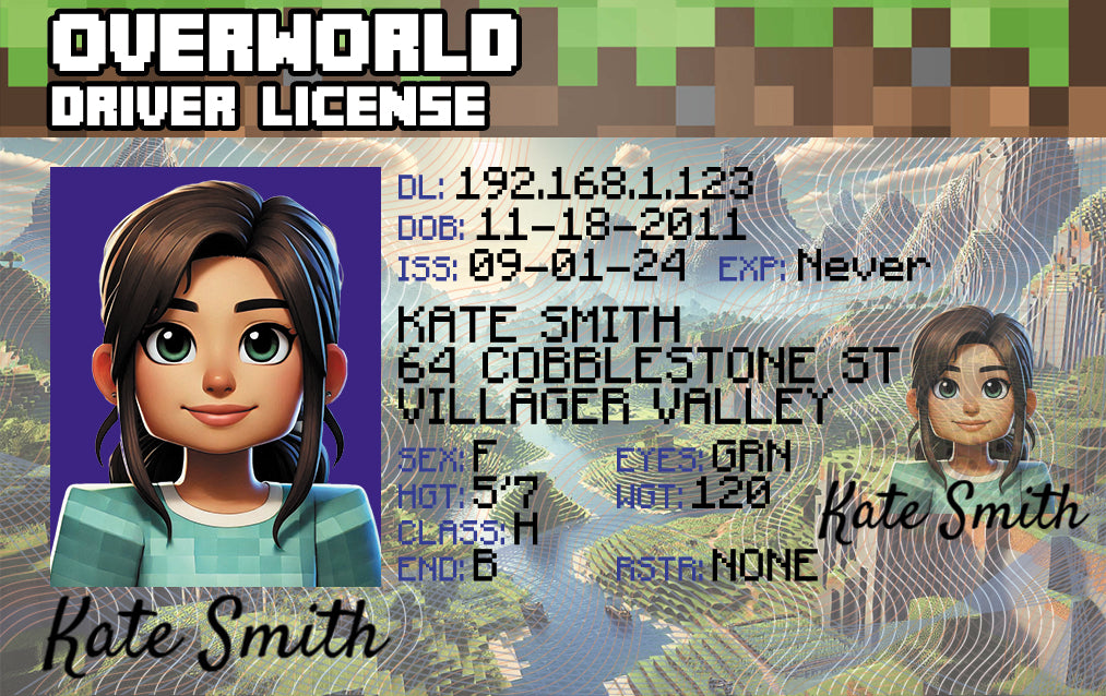 Personalized Minecraft license card with player name and skin