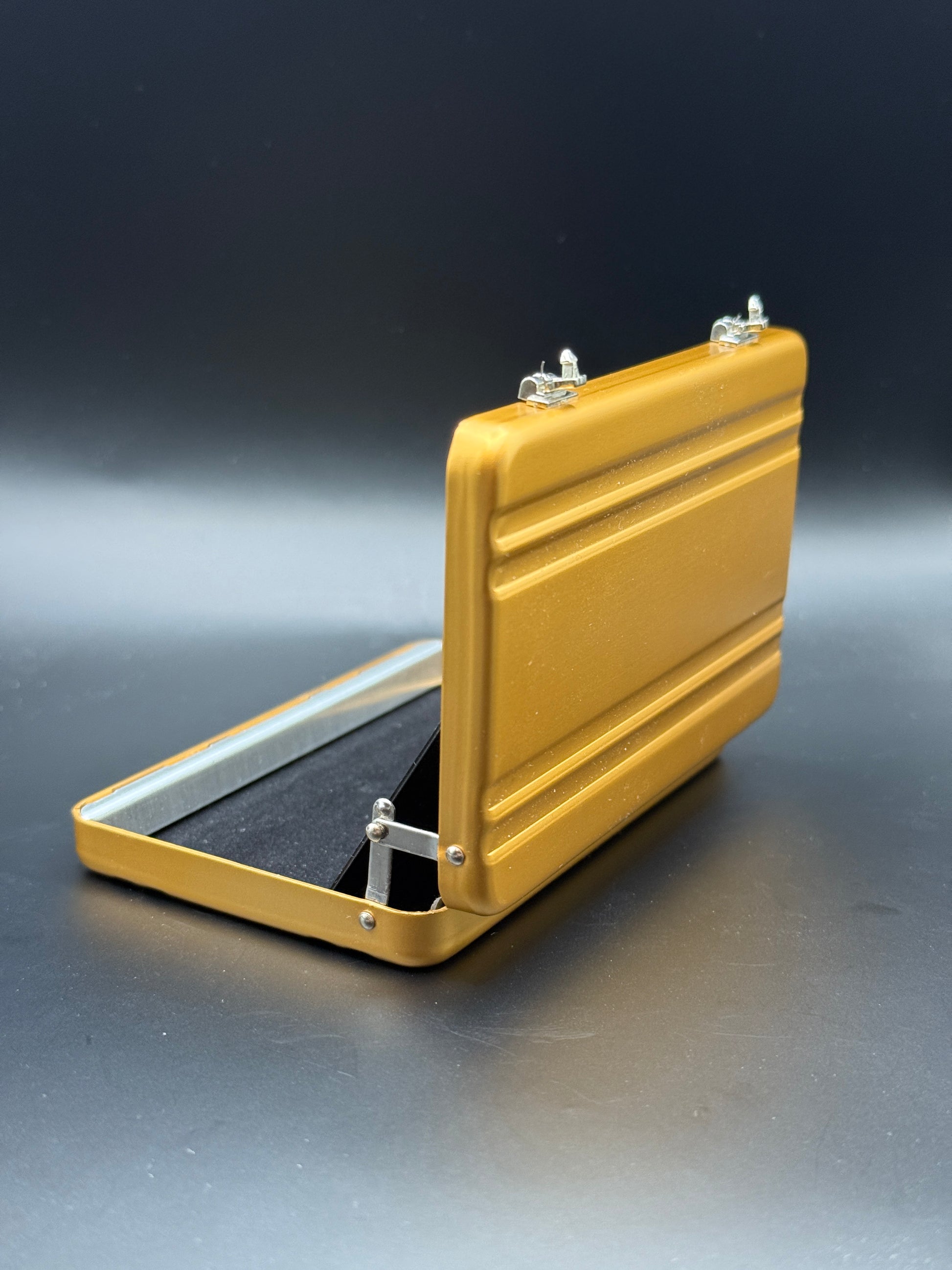 open metal mini gold briefcase wallet