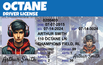 Personalized Rocket League ID card printed on PVC plastic
