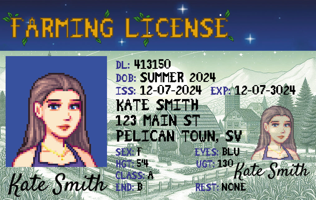 Front of custom Stardew Valley Driver License with name and farm details. Version A