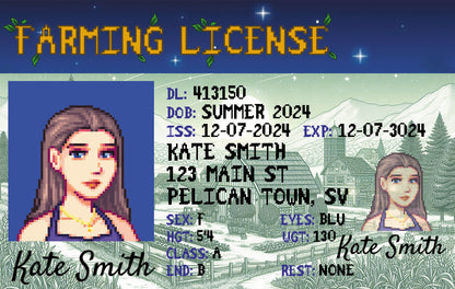 Front of custom Stardew Valley Driver License with name and farm details. Version A