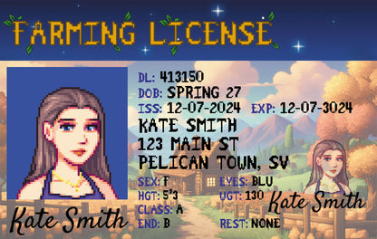 Personalized Stardew Valley ID card for cozy game fans. Version B