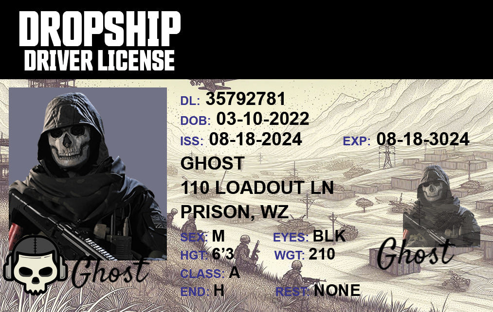 Front of custom Warzone Dropship Driver License with gamer tag